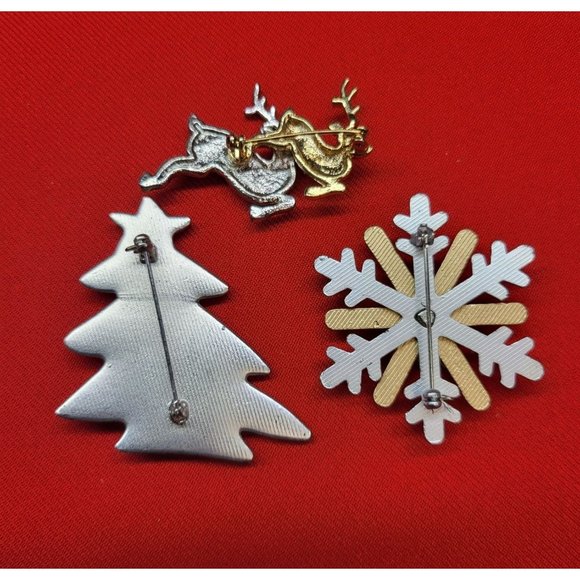Christmas Pins/ Brooches Set of 3 Silver & Gold Reindeer, Snowflake & Christmas - Picture 5 of 10